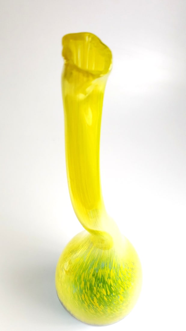 Yellow and Blue Abstract Art Glass Vase with Tall Curved Neck 32" Tall - 2