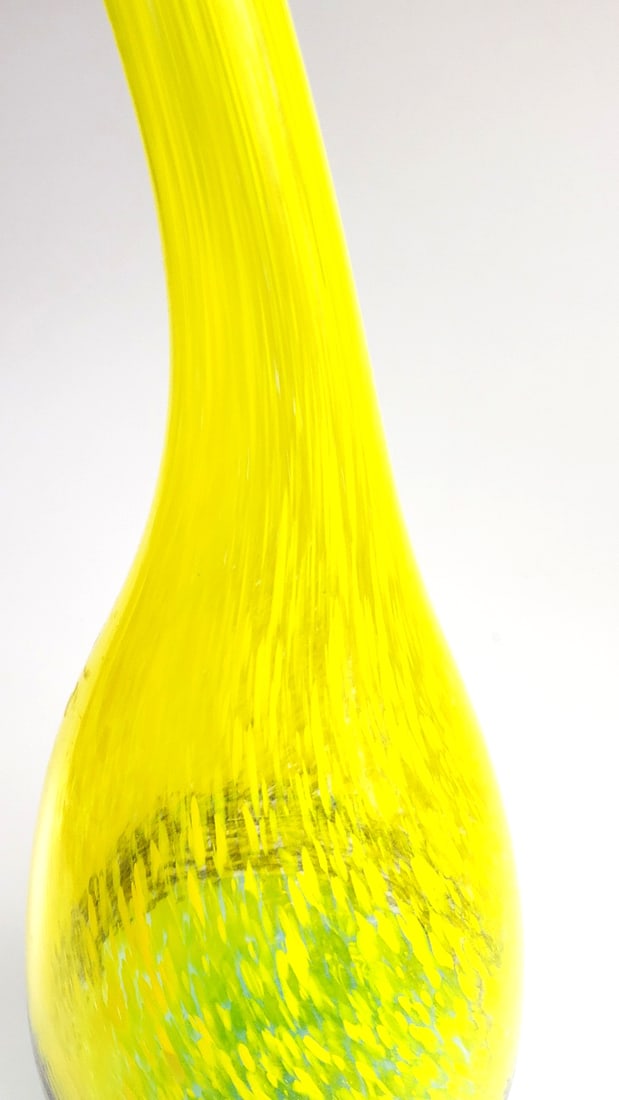 Yellow and Blue Abstract Art Glass Vase with Tall Curved Neck 32" Tall - 3