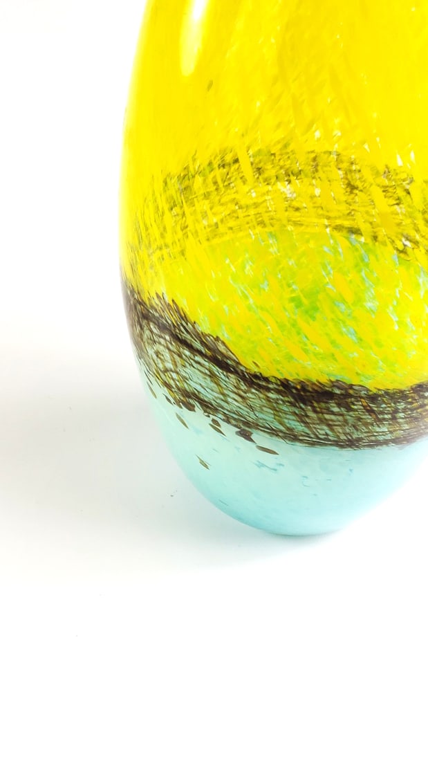 Yellow and Blue Abstract Art Glass Vase with Tall Curved Neck 32" Tall - 4