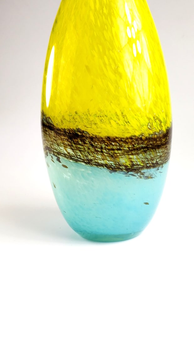Yellow and Blue Abstract Art Glass Vase with Tall Curved Neck 32" Tall - 5