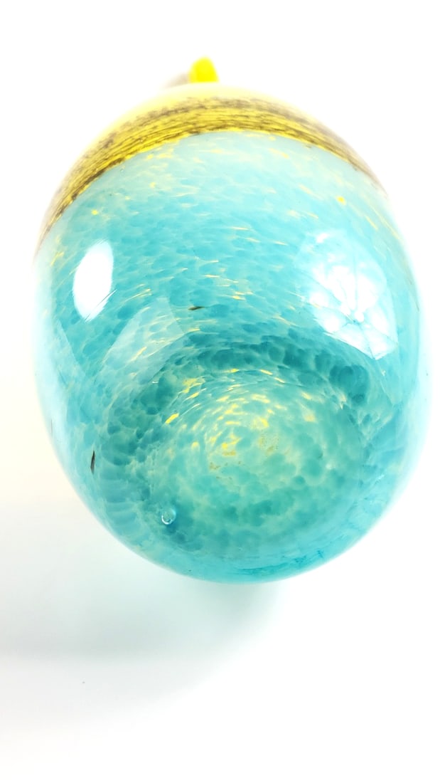 Yellow and Blue Abstract Art Glass Vase with Tall Curved Neck 32" Tall - 6