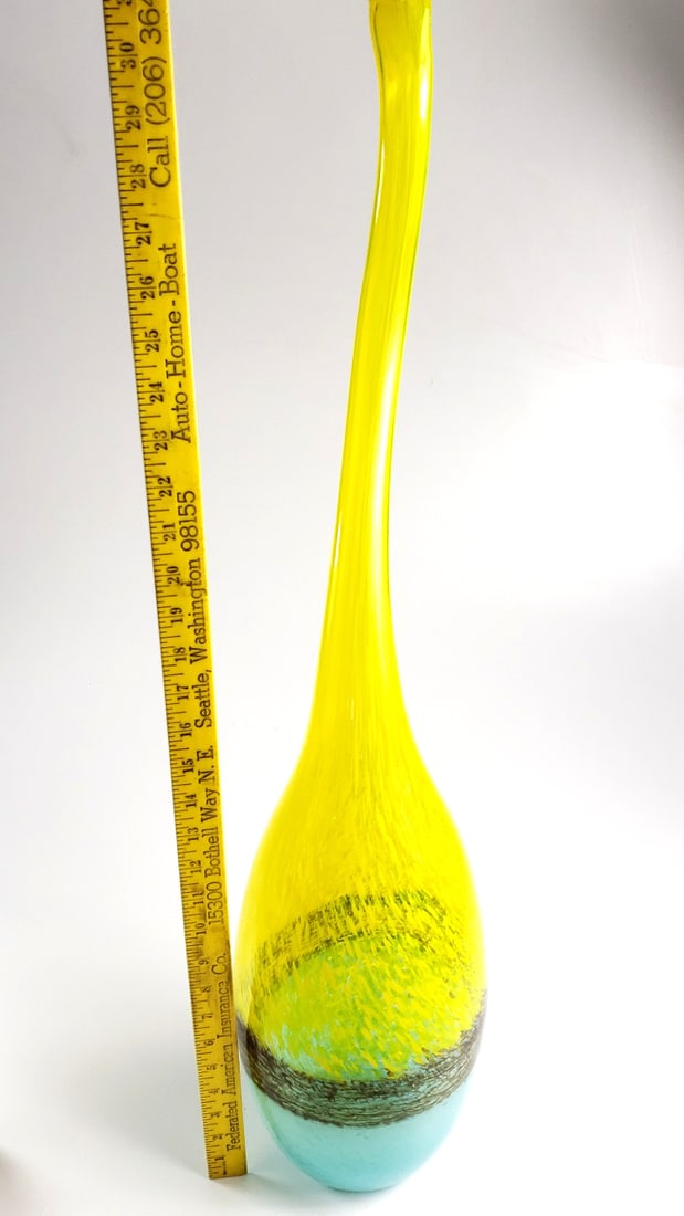 Yellow and Blue Abstract Art Glass Vase with Tall Curved Neck 32" Tall - 7