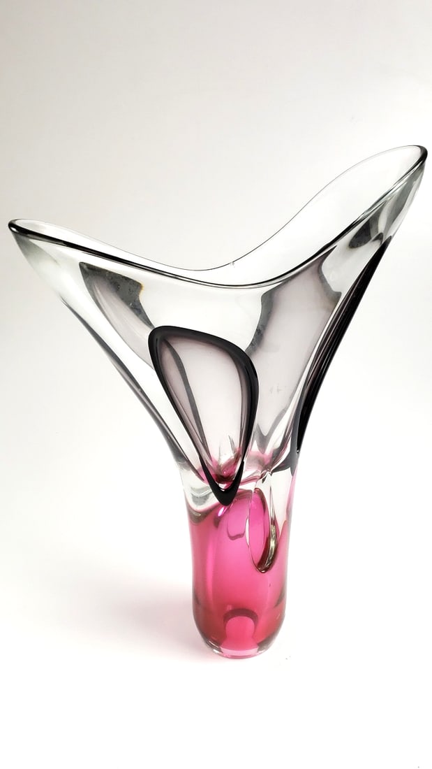Red Hand Blown Glass Vase Signed A. Jablonski 17" Tall - 11