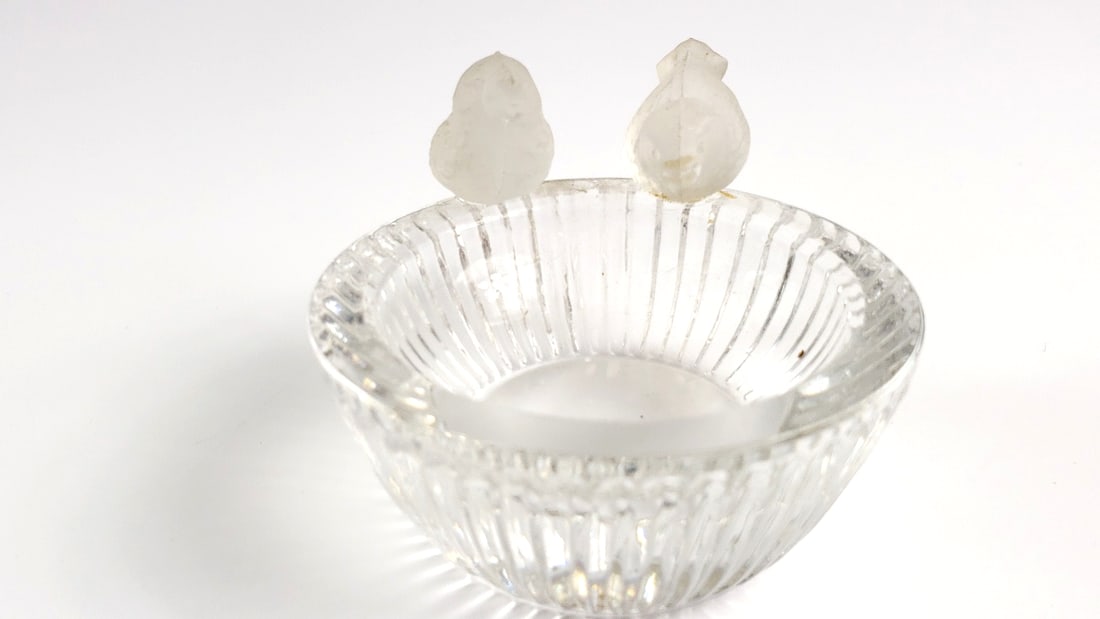 Glass Bowl Dish with Two Frosted Bird Figurines on Rim - 2