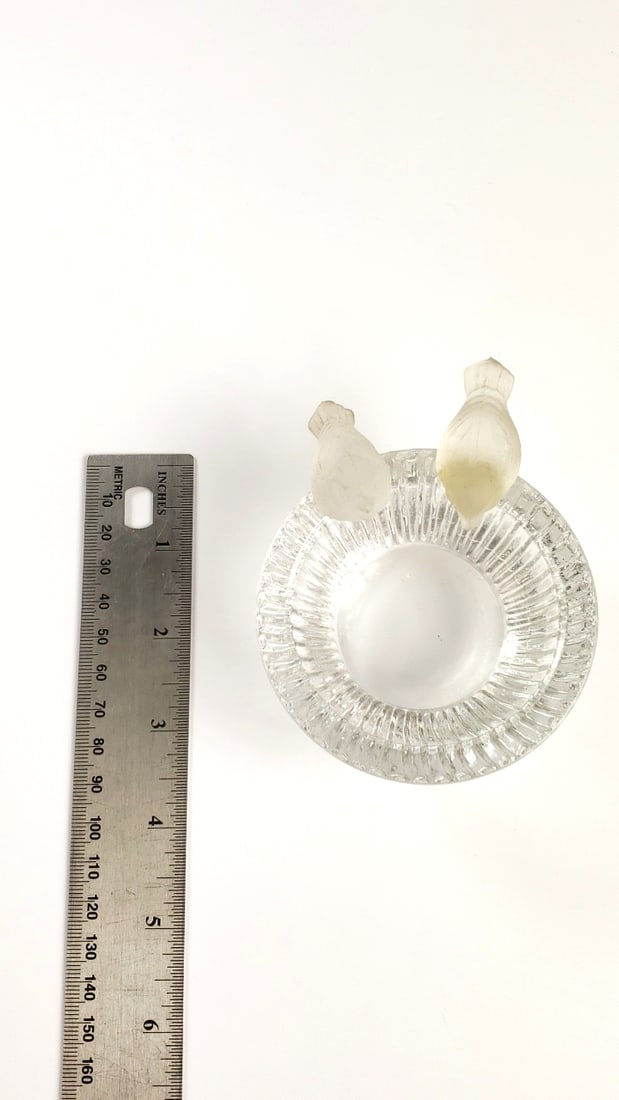 Glass Bowl Dish with Two Frosted Bird Figurines on Rim - 5