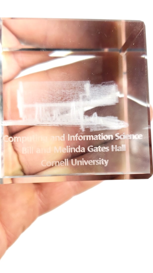 Cornell University Bill Gates Hall Computing and Information Science Glass Paperweight Block: Great Width: 3 Height: 3 Low Estimate: 15 High Estimate: 150