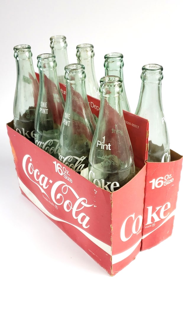 Vintage Coca-Cola 16 oz Green Glass 8-Pack Bottles USA Made with Original Carrier: Good Height: 12 Low Estimate: 25 Width: 7 High Estimate: 40