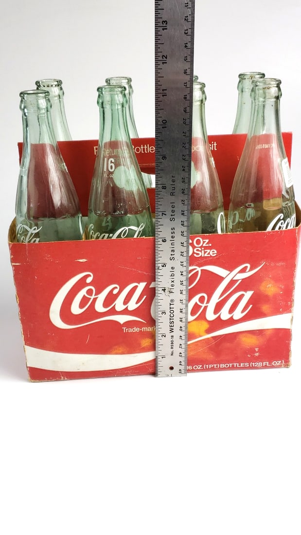 Vintage Coca-Cola 16 oz Green Glass 8-Pack Bottles USA Made with Original Carrier - 5