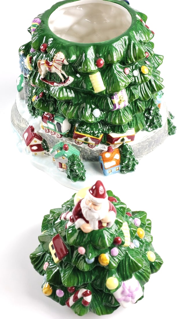 Spode Large 14" Ceramic Christmas Tree Cookie Jar with Santa and Ornaments Figurine Decor - 2