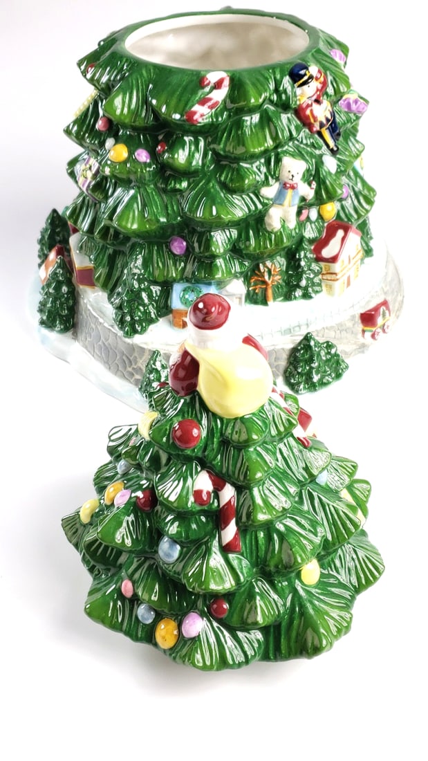 Spode Large 14" Ceramic Christmas Tree Cookie Jar with Santa and Ornaments Figurine Decor - 5