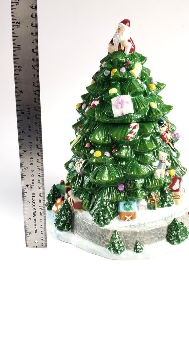 Spode Large 14" Ceramic Christmas Tree Cookie Jar with Santa and Ornaments Figurine Decor - 6