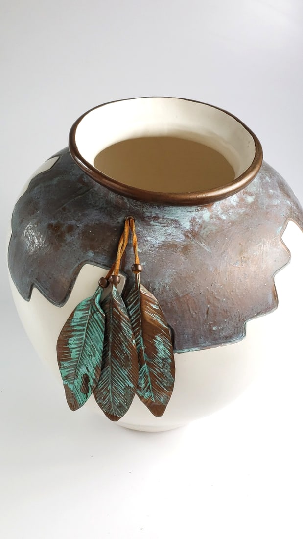 Mindy Brunn Decorative 13" Ceramic Plant Vase with Copper Trim / Feathers and Artist Signature On... - 10