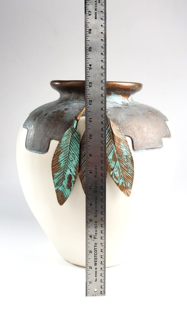 Mindy Brunn Decorative 13" Ceramic Plant Vase with Copper Trim / Feathers and Artist Signature On... - 2