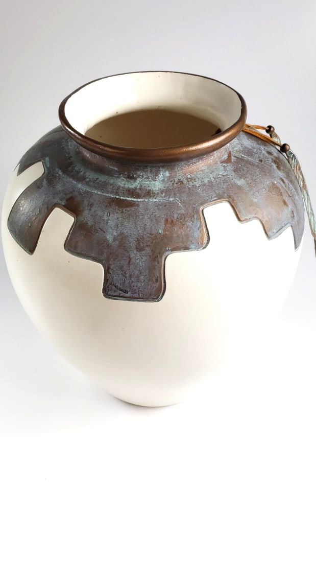 Mindy Brunn Decorative 13" Ceramic Plant Vase with Copper Trim / Feathers and Artist Signature On... - 4