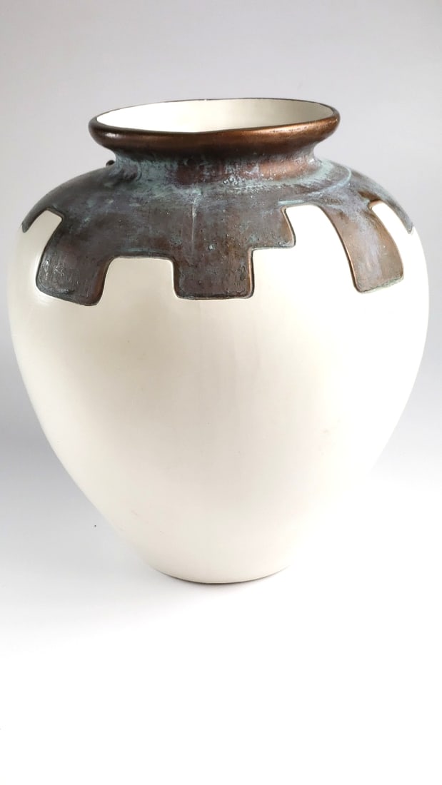 Mindy Brunn Decorative 13" Ceramic Plant Vase with Copper Trim / Feathers and Artist Signature On... - 5
