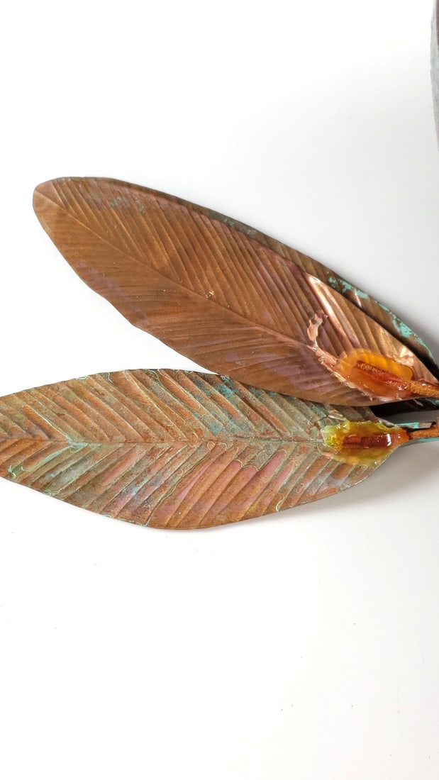 Mindy Brunn Decorative 13" Ceramic Plant Vase with Copper Trim / Feathers and Artist Signature On... - 8