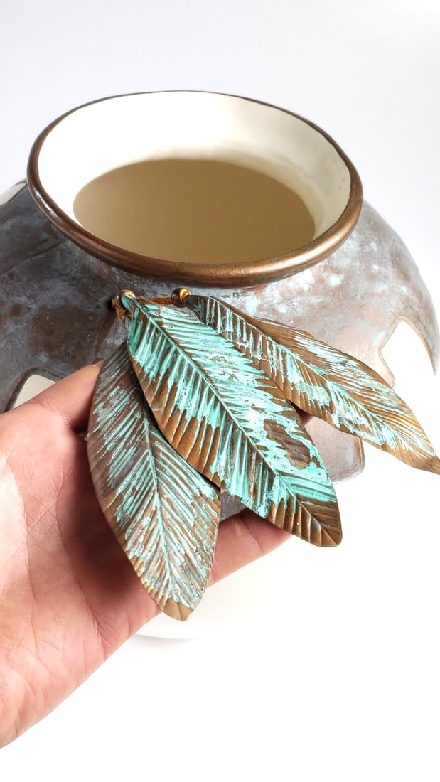 Mindy Brunn Decorative 13" Ceramic Plant Vase with Copper Trim / Feathers and Artist Signature On... - 9