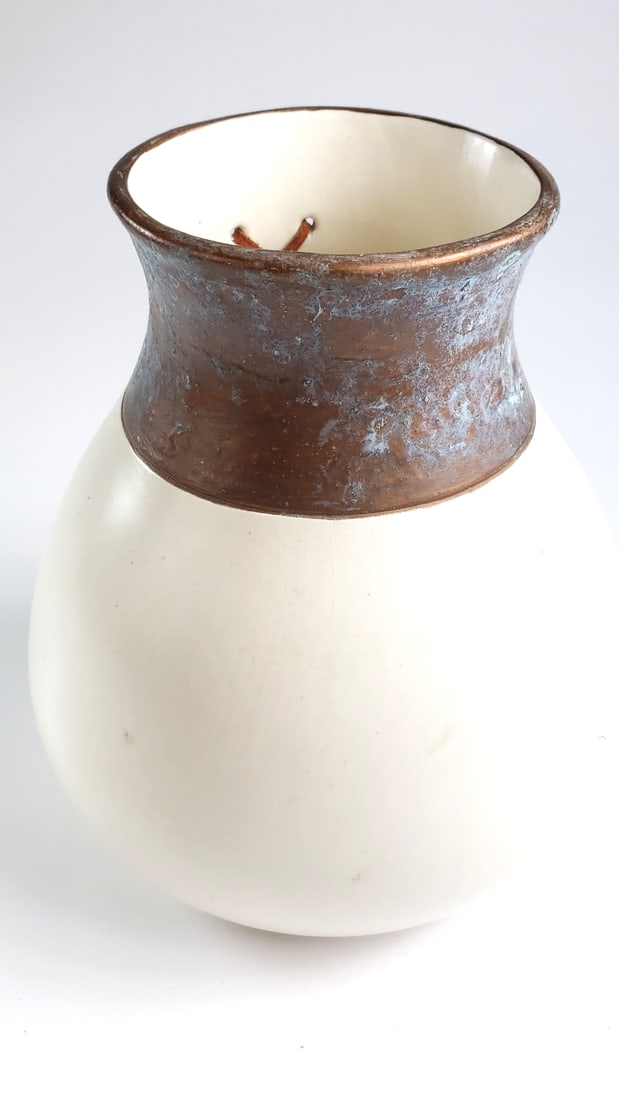 Decorative 9" Ceramic Plant Vase with Copper Trim / Feathers and Artist Signature On Base - 2
