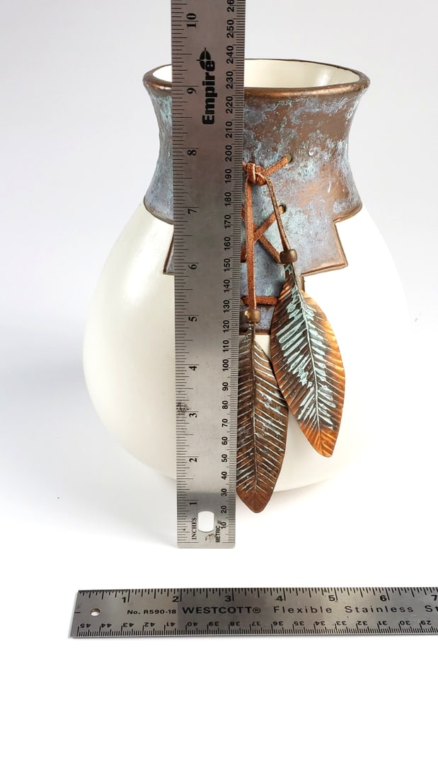 Decorative 9" Ceramic Plant Vase with Copper Trim / Feathers and Artist Signature On Base - 7