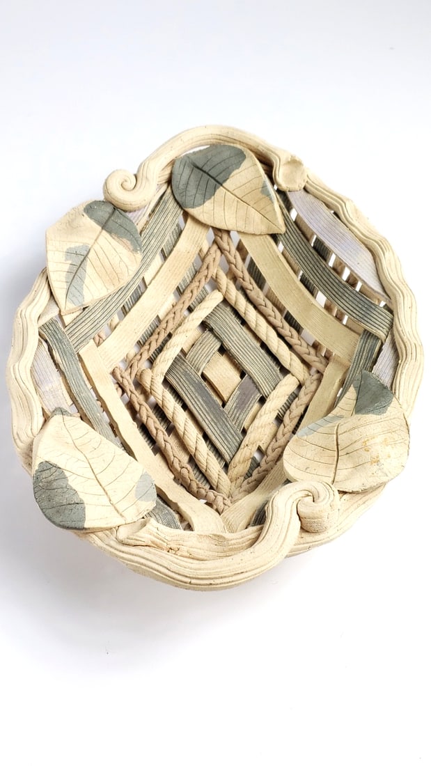 Handcrafted Woven Ceramic Basket with Leaf Accents 11" - 2