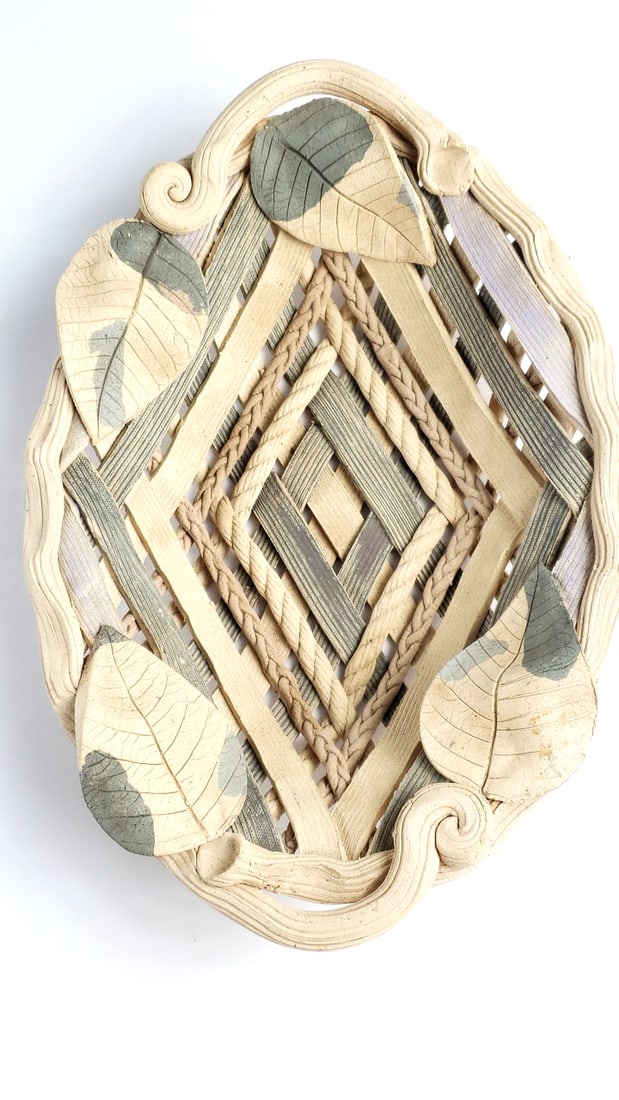 Handcrafted Woven Ceramic Basket with Leaf Accents 11" - 3