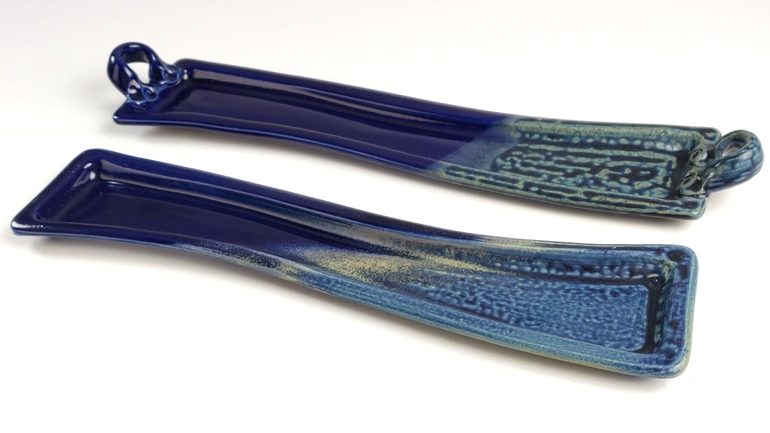 2 Blue 16" Ceramic Glazed Rest Set with Loop Handles / Artist Signature On Base: Great Width: 3 Height: 1 High Estimate: 150 Low Estimate: 20
