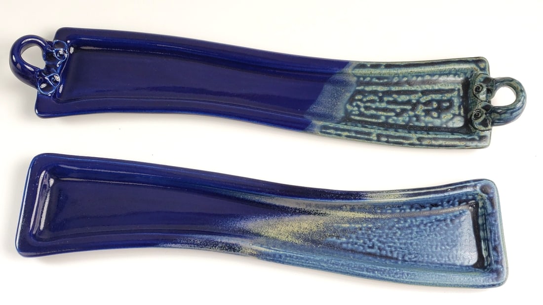 2 Blue 16" Ceramic Glazed Rest Set with Loop Handles / Artist Signature On Base - 2