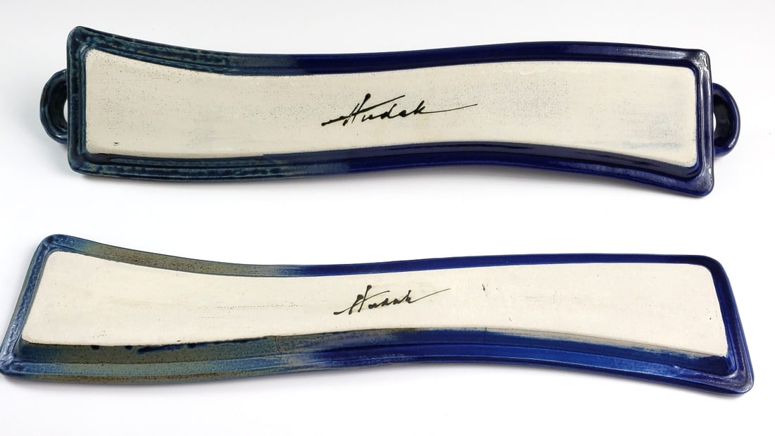 2 Blue 16" Ceramic Glazed Rest Set with Loop Handles / Artist Signature On Base - 4