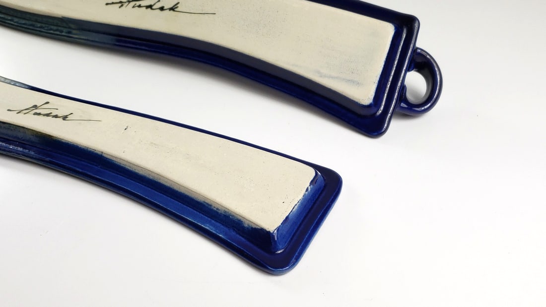 2 Blue 16" Ceramic Glazed Rest Set with Loop Handles / Artist Signature On Base - 6