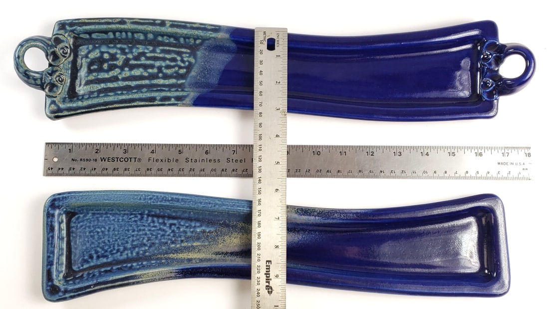 2 Blue 16" Ceramic Glazed Rest Set with Loop Handles / Artist Signature On Base - 8