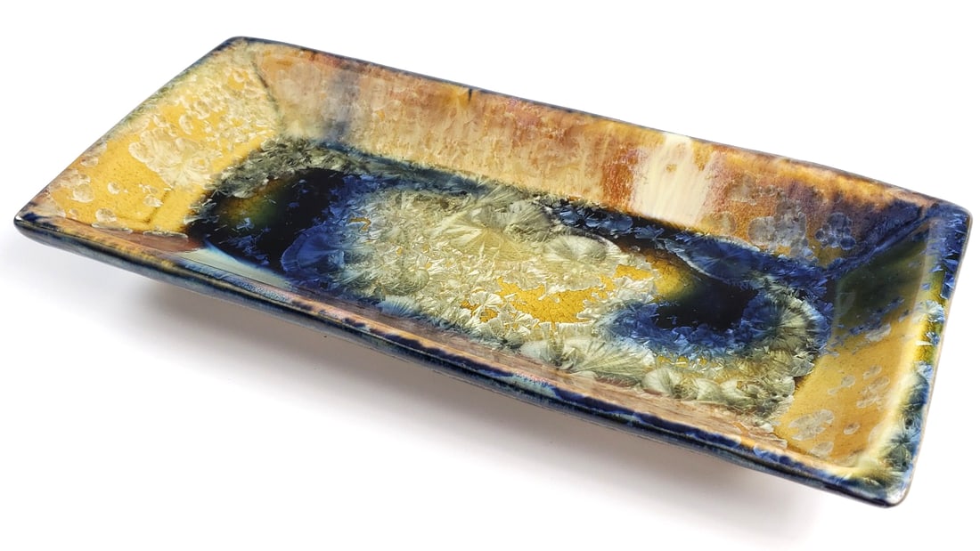 Handcrafted Glazed Ceramic 13" Rectangular Plate with Blue and Gold Flake Pattern - Artist Signa...: Amazing Height: 6 Width: 2 High Estimate: 200 Low Estimate: 20