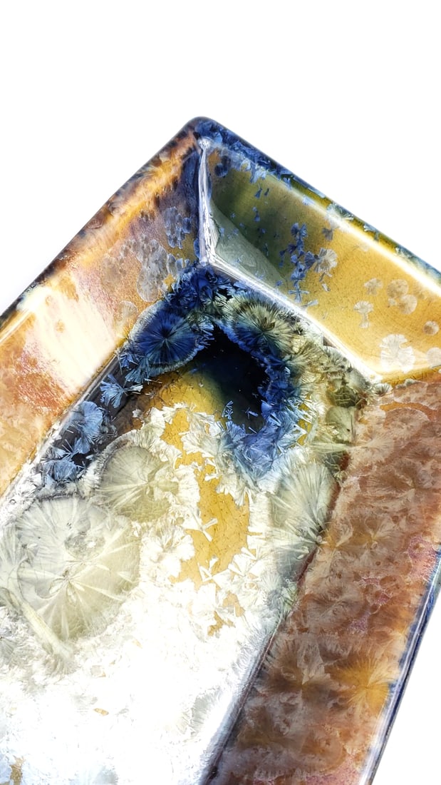 Handcrafted Glazed Ceramic 13" Rectangular Plate with Blue and Gold Flake Pattern - Artist Signa... - 3