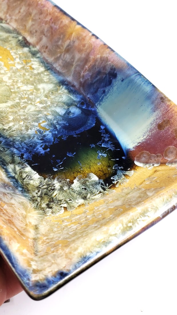Handcrafted Glazed Ceramic 13" Rectangular Plate with Blue and Gold Flake Pattern - Artist Signa... - 4