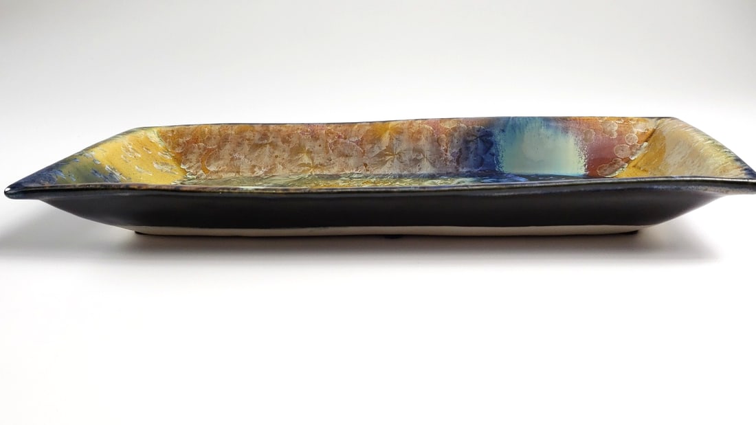 Handcrafted Glazed Ceramic 13" Rectangular Plate with Blue and Gold Flake Pattern - Artist Signa... - 5