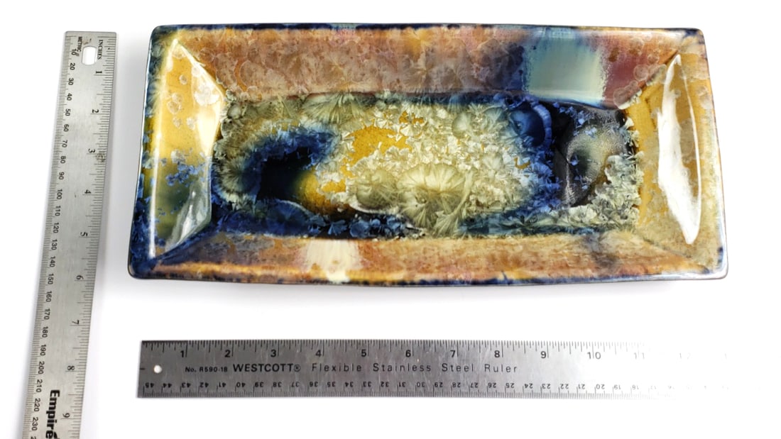 Handcrafted Glazed Ceramic 13" Rectangular Plate with Blue and Gold Flake Pattern - Artist Signa... - 6