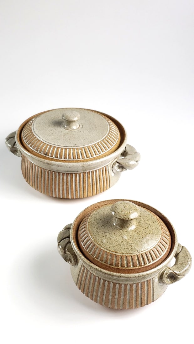 Pair Of Ceramic Stoneware Pots with Lids, Two-Piece Set, Beige and Brown Striped Design - Artist ...: Great Height: 7 High Estimate: 150 Low Estimate: 20 Width: 5