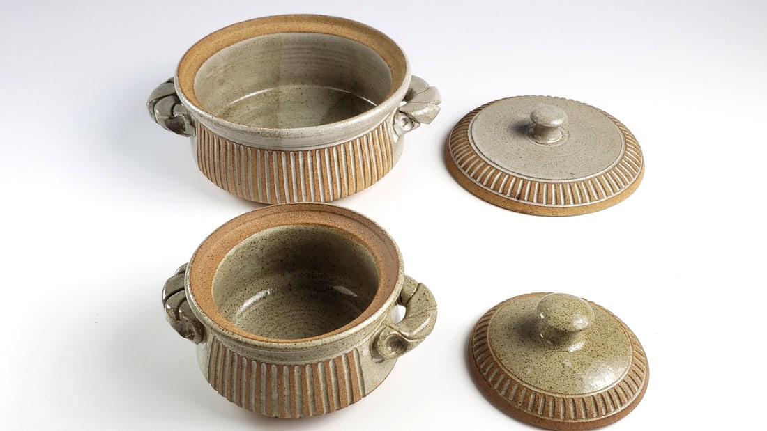 Pair Of Ceramic Stoneware Pots with Lids, Two-Piece Set, Beige and Brown Striped Design - Artist ... - 2