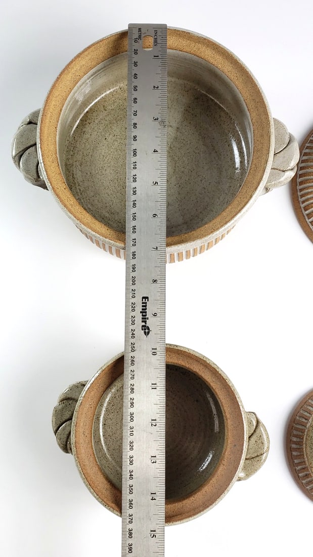 Pair Of Ceramic Stoneware Pots with Lids, Two-Piece Set, Beige and Brown Striped Design - Artist ... - 3