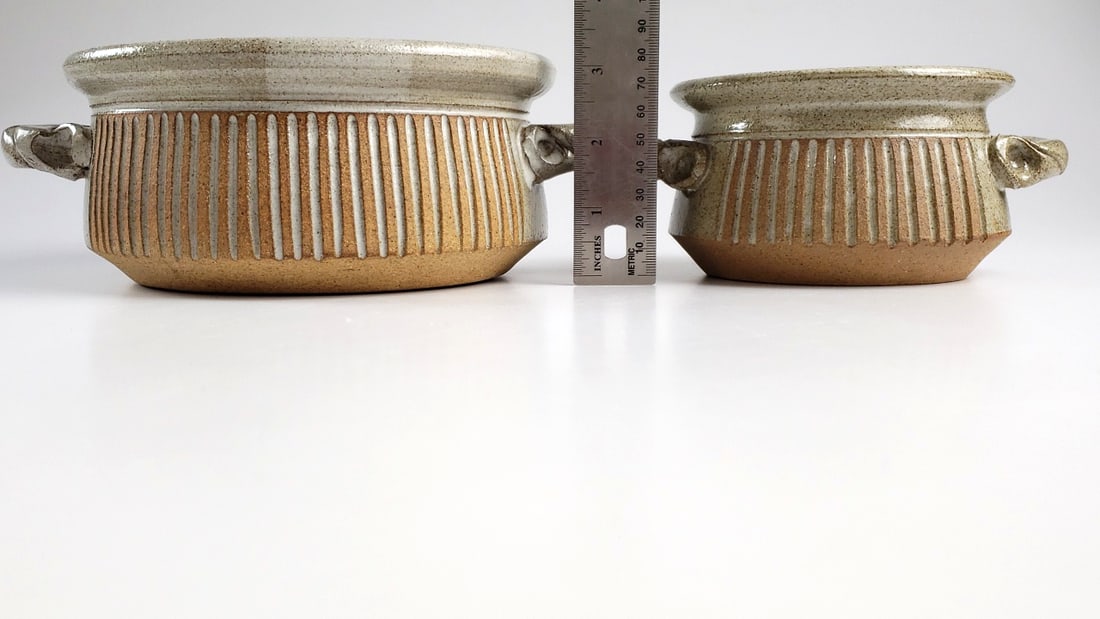 Pair Of Ceramic Stoneware Pots with Lids, Two-Piece Set, Beige and Brown Striped Design - Artist ... - 4