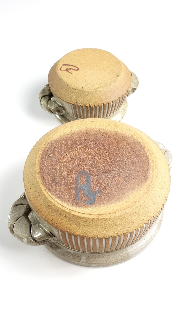 Pair Of Ceramic Stoneware Pots with Lids, Two-Piece Set, Beige and Brown Striped Design - Artist ... - 5