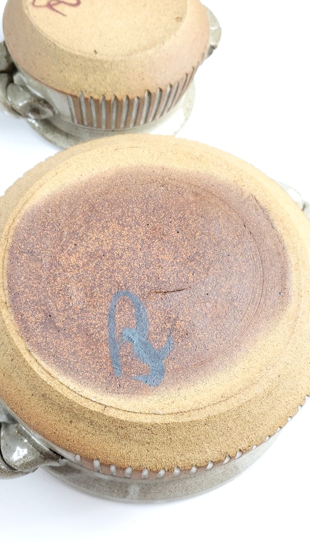 Pair Of Ceramic Stoneware Pots with Lids, Two-Piece Set, Beige and Brown Striped Design - Artist ... - 7