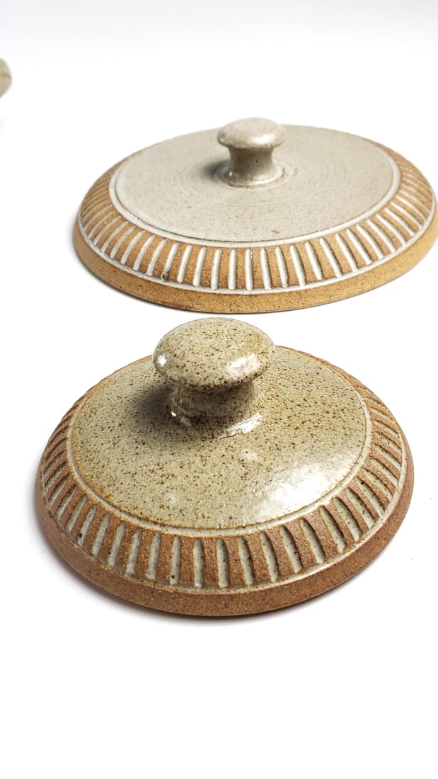 Pair Of Ceramic Stoneware Pots with Lids, Two-Piece Set, Beige and Brown Striped Design - Artist ... - 8