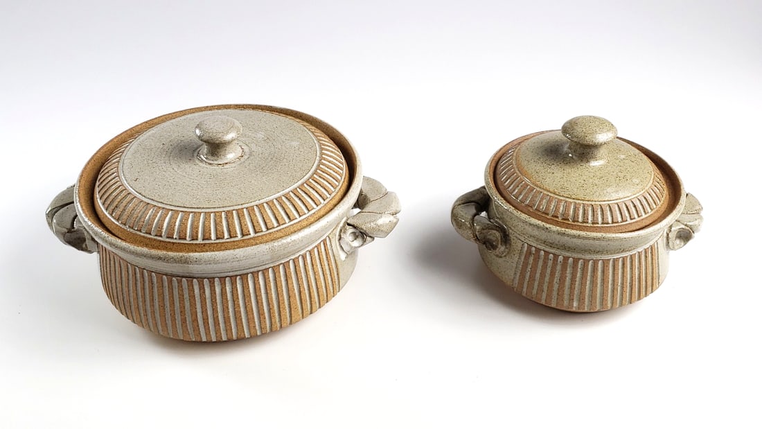 Pair Of Ceramic Stoneware Pots with Lids, Two-Piece Set, Beige and Brown Striped Design - Artist ... - 9
