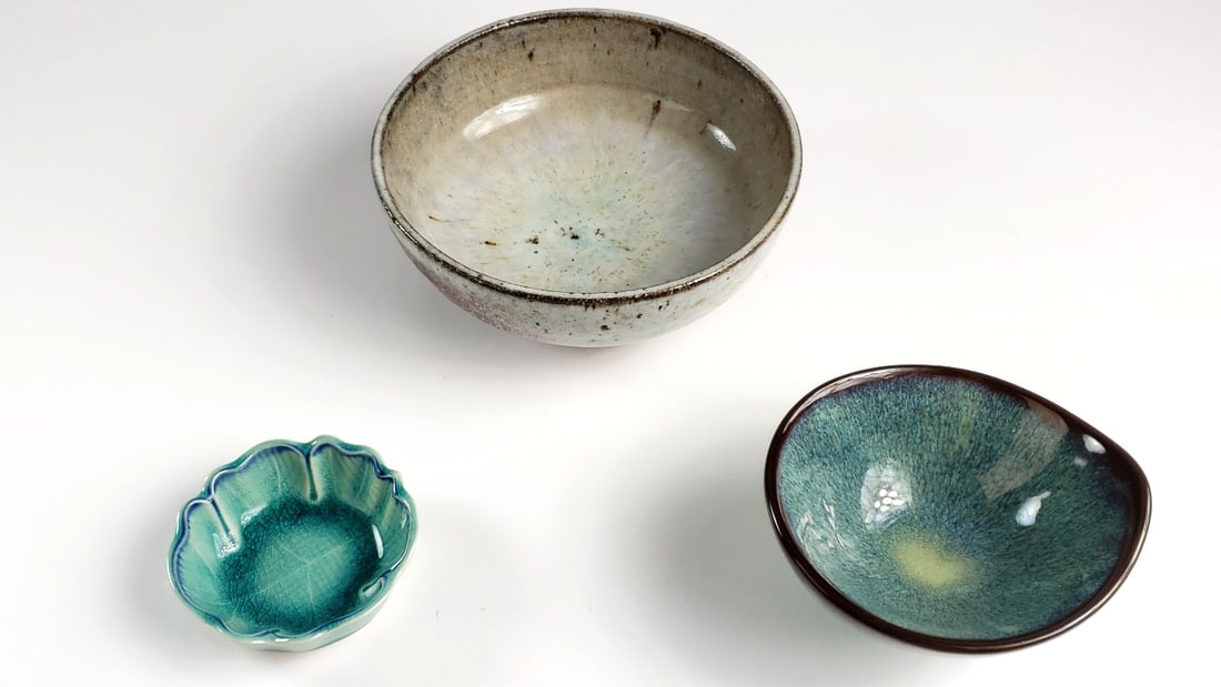 Lot of 3 Artist Handcrafted Ceramic Bowls in Green and Blue Tones - 2