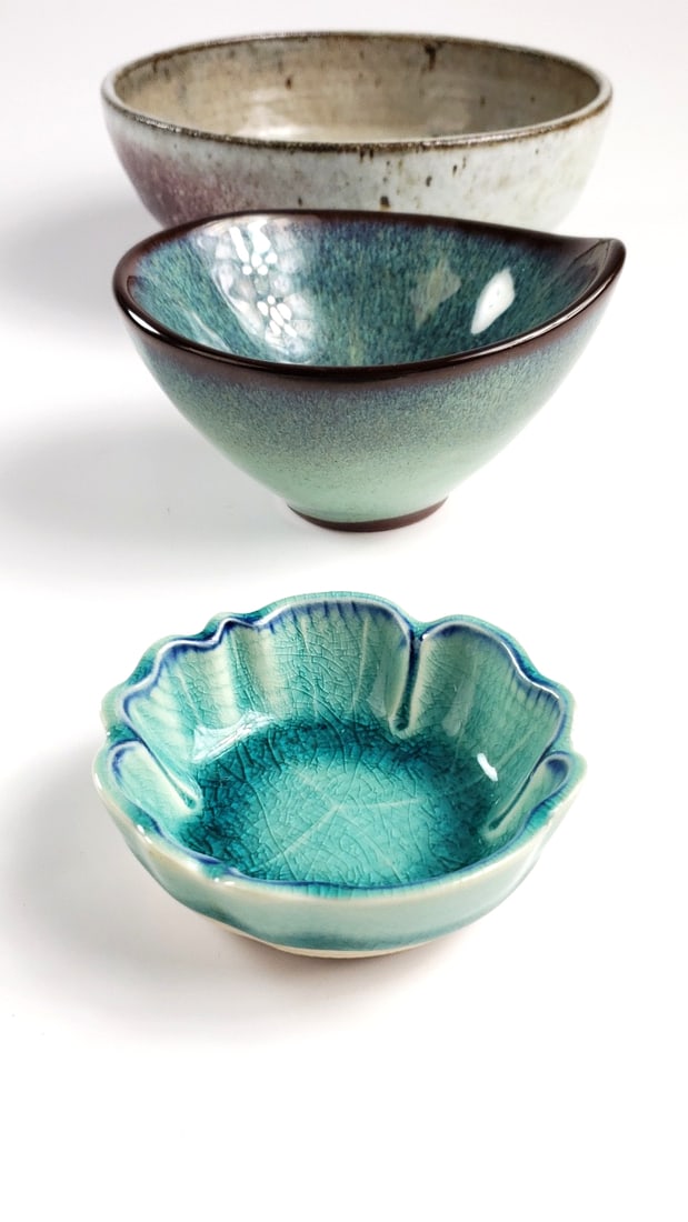 Lot of 3 Artist Handcrafted Ceramic Bowls in Green and Blue Tones - 3