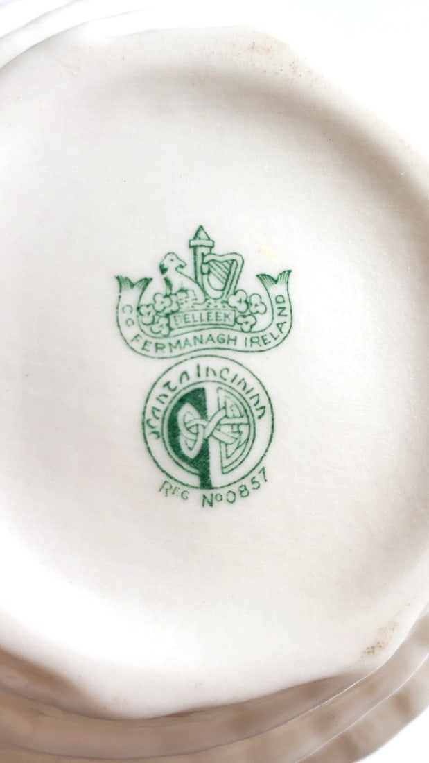 Belleek Ireland Decorative Twisted Bone China Vase, Reg Number 0857, Green Marking - COFERMANAGH - 2