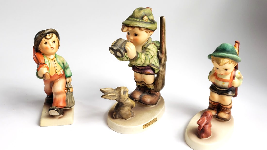 Vintage Hummel Style Porcelain Figurines Set of 3 - Boy with Rabbit Scene: Great Height: 5 Low Estimate: 45 High Estimate: 150 Width: 5