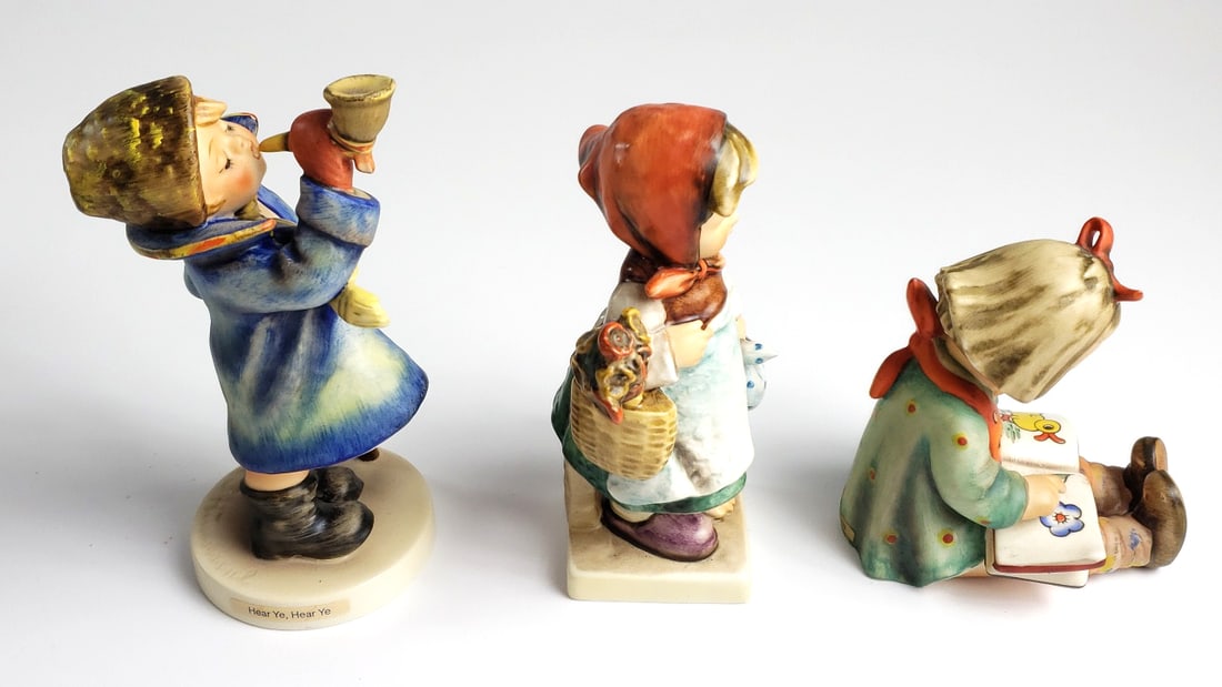 Hummel Figurines Set of 3 - Boy with Horn, Girl with Flowers, Girl Reading Book - 2