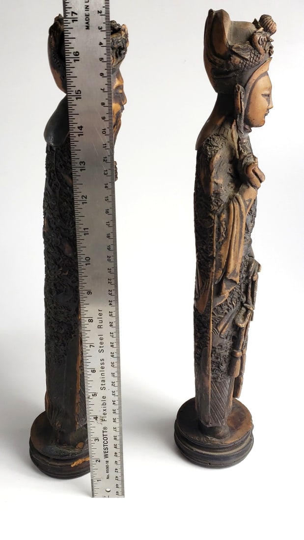 Antique Resin 17" Asian Figurines, Detailed Carvings, Pair of Statues - 2
