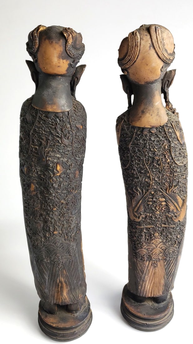 Antique Resin 17" Asian Figurines, Detailed Carvings, Pair of Statues - 3